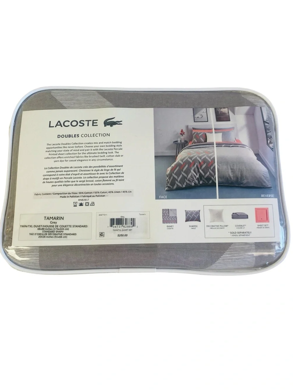 Lacoste Double Collection Reversible Tamarin Grey Twin Duvet Cover